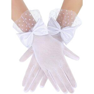 Women's Short White Bow Lace Gloves Tea Party Elegant Opera Wedding Accessories
